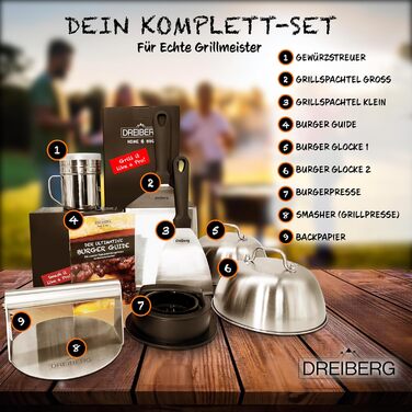 Набір для приготування бургерів DREIBERG® з нержавіючої сталі (9 предметів): шпатель, дзвоники для плавлення сиру, прес, сматчер, дозатор спецій, рецепти та папір для випікання