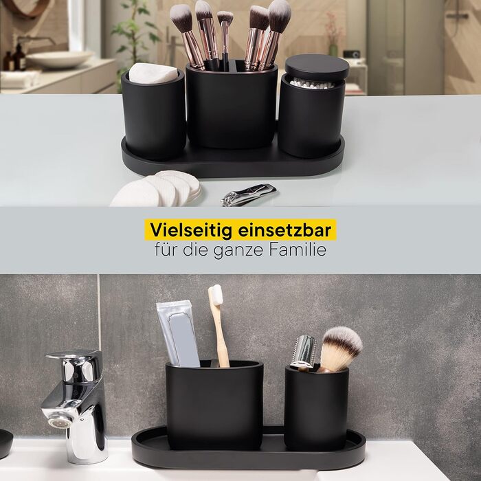 DELUXXOO® Набір аксесуарів для ванної кімнати 6 шт. чорний матовий: органайзер, диспенсер для мила, мильниця, стакан для зубної щітки, піднос, ящик для зберігання