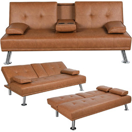 Yaheetech 3-Seater Convertible Sofa Bed with Cup Holders and Reclining Backrest