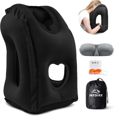 JefDiee Inflatable Neck Pillow Travel Airplane, Portable Travel Pillow, Neck Support Pillow Comfortably Supports Head and Chin, Pillow for Trains, Cars, Office, Home, with 3D Eye Mask, Earplugs (Black)