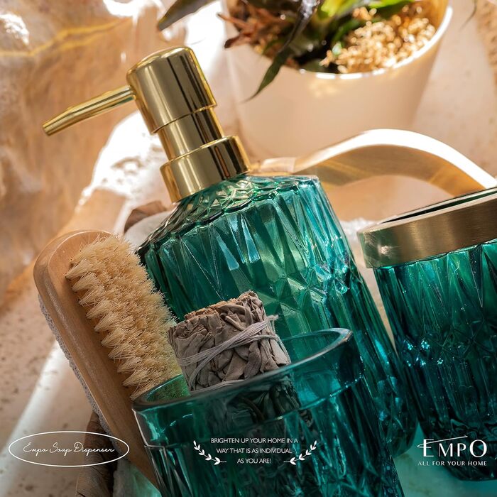 EMPO 6-Piece Bathroom Accessory Set in Clear Glass (Lotion-Soap Dispenser, Soap Dish, Toothbrush Holder, Cup, Cotton Swab Holder), Modern Decoration, Crystal Vintage Gift (Oceanwave)