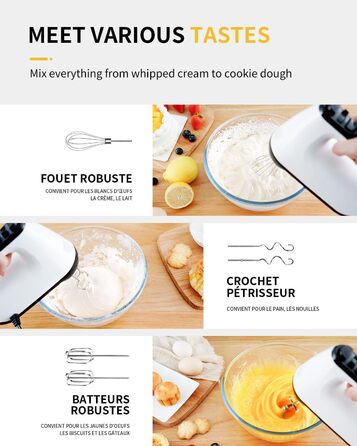 Електричний ручний міксер 6 швидкостей з турбо-режимом, без розбризкування, 400W, тихий мотор, білий, з аксесуарами з нержавіючої сталі