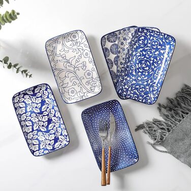 Набір сервірувальних тарілок Selamica Keramik, прямокутні, 4 шт, 24 см, для закусок, суші, фруктів, вінтажний блакитний колір