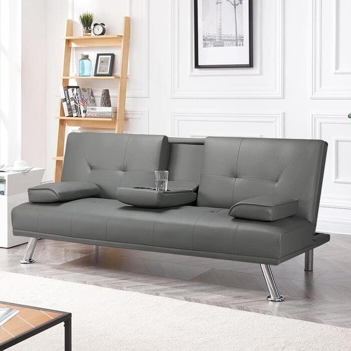 Yaheetech 3-Seater Convertible Sofa Bed with Cup Holders and Reclining Backrest
