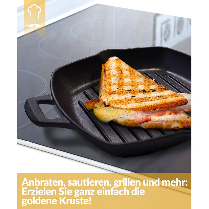 Чавунна гриль сковорода Chefarone 25.5 см з носиком – емальована сковорода для стейків, підходить для індукції, газу, склокераміки та духовки