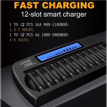 Зарядний пристрій CITYORK для акумуляторів AA/AAA з LCD-дисплеєм, 12 слотів, NI-MH/NI-CD, з розрядом та захистом IC