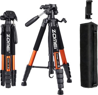 Штатив ZOMEi 188 см - важкий, для професійного відео та фото, сумісний з DSLR, телефонами, проекторами, біноклями, телескопами (чорний, помаранчевий)