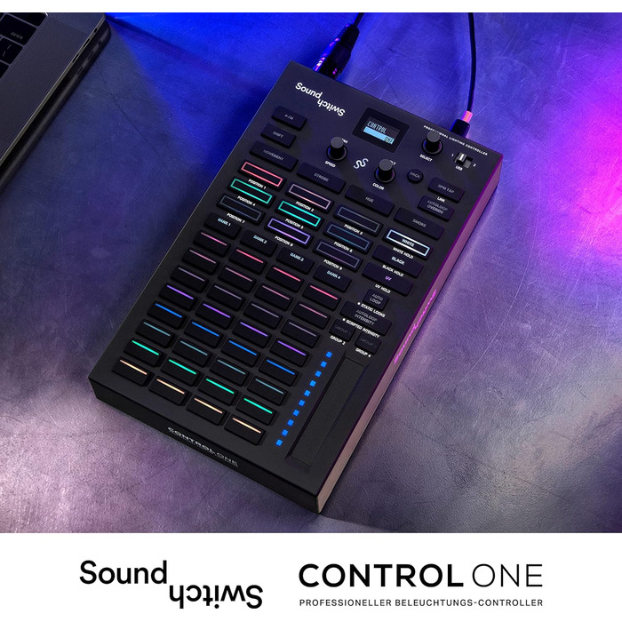 SoundSwitch Control One – Професійний контролер освітлення DMX для DJ з 3 місяцями доступу до програмного забезпечення SoundSwitch, підтримка DMX та Phillips Hue. Чорний колір