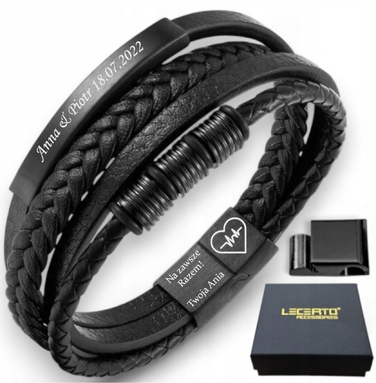 Чоловічий шкіряний браслет Lecerto, чорний, регульований (22 см) з гравіюванням