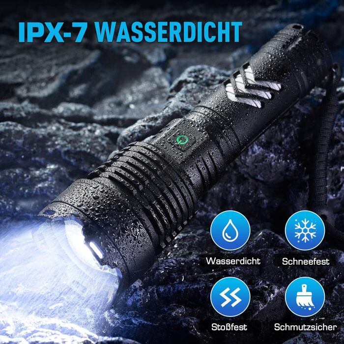 Ліхтарик Glarylight LED акумуляторний, 500000 люмен, надяскравий, зум, 5 режимів світла, водонепроникний IPX7, для вулиці та екстрених ситуацій