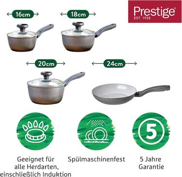 Prestige Earth Pan Cookware Pot Induction - 28cm / 7.5L - Non-Stick Ceramic, Recycled & Recyclable, Non-Toxic, Dishwasher Safe, Easy-Grip Handles (Cookware Set, 4 piece)