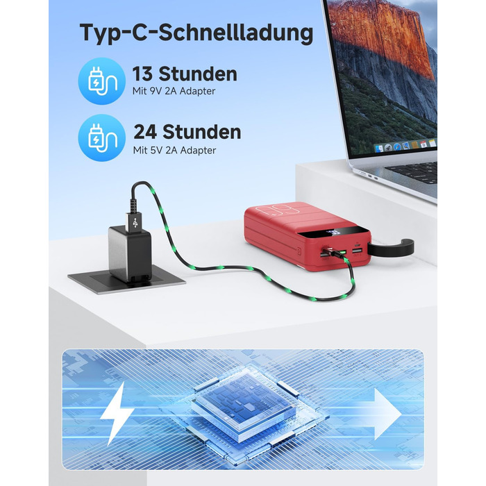 Power Bank 60000mAh 22,5W USB-C PD, Зовнішній акумулятор з 4 портами, Червоний