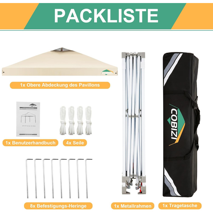 COBIZI Folding Gazebo 3x3, 3x3 Gazebo Waterproof Stable One Push UV Protection Outdoor Party Tent Corrugated Eaves Event Tent Tent Garden Gazebo Pavilion Folding 3x3m With Carry Bag, (Khaki, 3x3 Regular)