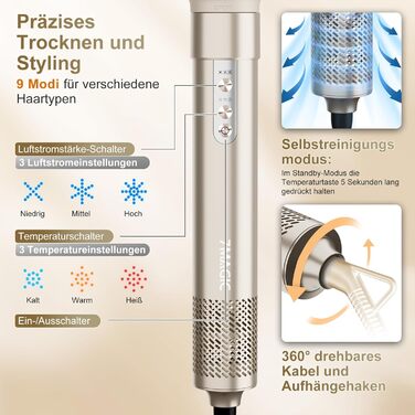 7MAGIC Airstyler 6-в-1: стайлер, плойка, фен, іонізація, для волосся, професійний, для особливих випадків, золото