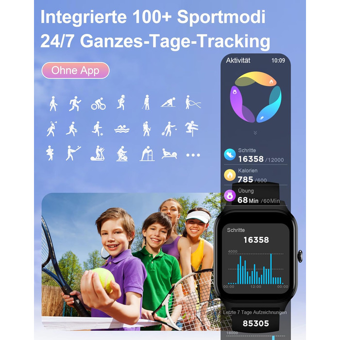 Розумний годинник Popglory для жінок та чоловіків, 100+ спортивних режимів, моніторинг здоров'я 24/7, Bluetooth, вимірювання тиску, пульсу, стресу, сну, будильник, калькулятор, крокомір, сумісний з Android та iOS, чорний