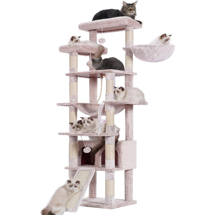 Багатоповерховий котячий будиночок Heybly Kratzbaum HCT033G, бежевий, 200 см, з 11 стовпчиками для шліфування, платформами, гамаком, печерою та іграшками