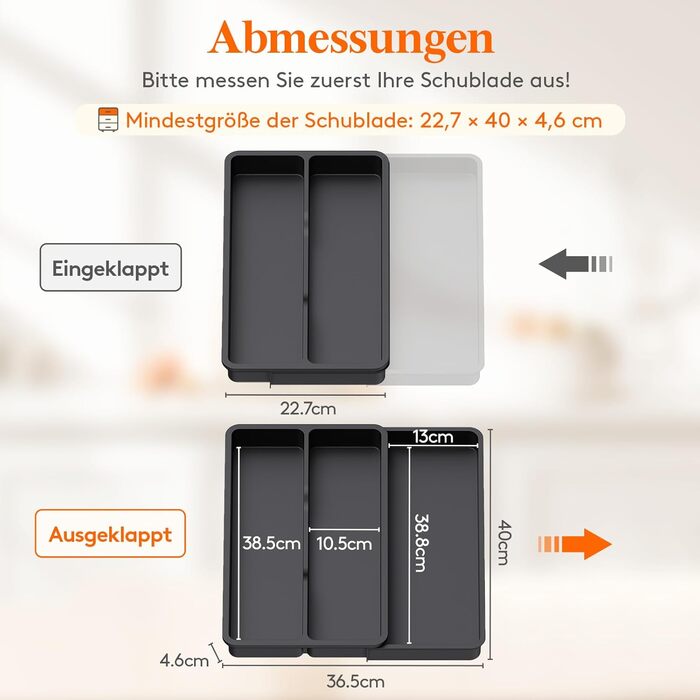 Органайзер для столових приладів Lifewit в шухляду, розширюваний (43.9 см), чорний, 23-37 x 40 x 4.6 см - для кухні, ложок, ножів, лопаток