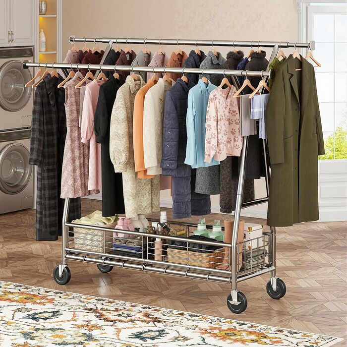 Підвісна шафа для одягу на коліщатках з подвійною перекладиною та сітчастим кошиком, 200 кг, великий об'єм для зберігання одягу та аксесуарів