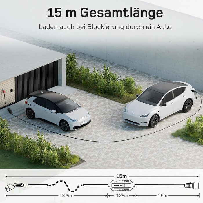 Мобільна зарядна станція/Wallbox Dé 11 кВт (3-фазна) з регульованою потужністю, кабель CEE 16A на Typ 2, сумісна з Model Y/3, ID.3/4/5, MG4, EX30, e-up, e-tron, Zoe та інші електромобілі