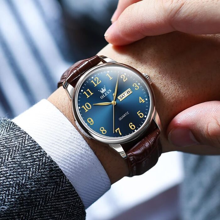Чоловічий годинник OLEVS з нержавіючої сталі, кварцовий, аналоговий, класичний, бізнес-стиль, водонепроникний, з підсвічуванням, з датою, на шкіряному ремінці (A2 - синій циферблат/коричневий ремінь)