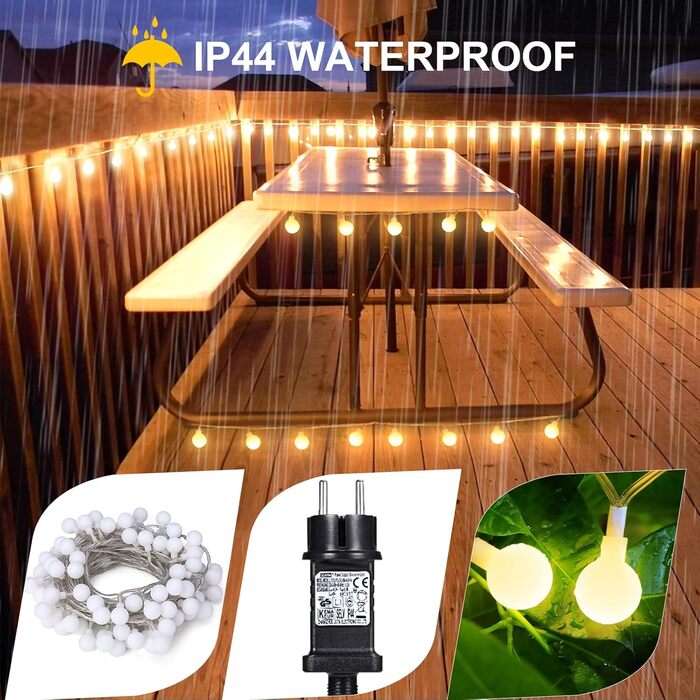 Ланцюжок прикрас з 200 LED кулями, 23 метри, тепле світло. Ідеально для декору на Різдво, весілля, вечірки. 8 режимів, функція пам'яті, з вилкою.