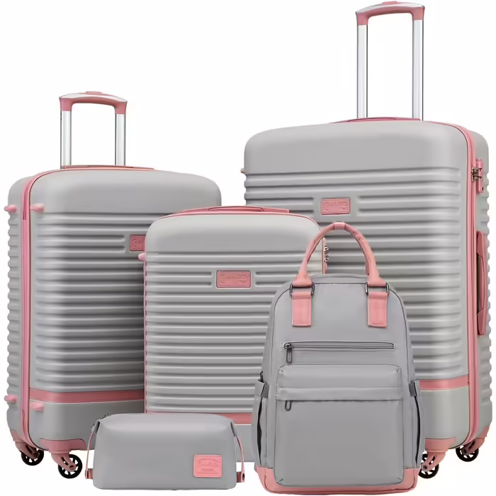 Валізи COOLIFE з ABS пластику на 4 колесах з TSA-замком, комплект для подорожей: 1 рюкзак, 1 косметичка, набір валіз 3 або 5 предметів (білий/коричневий, сірий/рожевий)