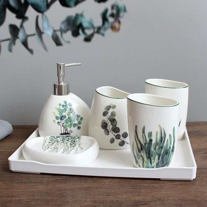 Bathroom Accessories Set, Gold Marble Look, Modern 6-Piece Bathroom Accessories Set, complete with soap dispenser, toothbrush holder, cup, tray, and countertop (Vegetal)