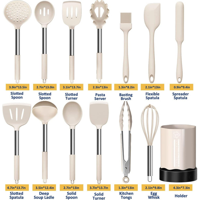 Silicone Cooking Utensil Set, Mushroom, Non-Stick Coated, Kitchen Gadgets, 24-Piece Cooking Utensil Set, Heat-Resistant Cookware, Silicone Kitchen Tools with Stainless Steel Handle (Khaki-24-Piece)