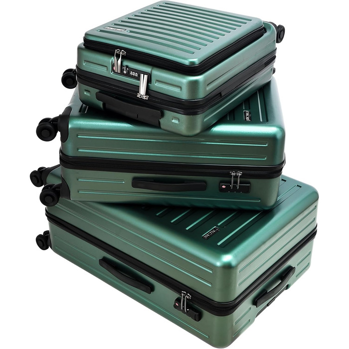 Набір валіз TydeCkare 3-в-1 (55/66/76 см) з TSA замком, зелений. Включає ручну валізу з відділенням для ноутбука (34л, 55x39x20 см), середній (65л) та великий (101л) валіза.
