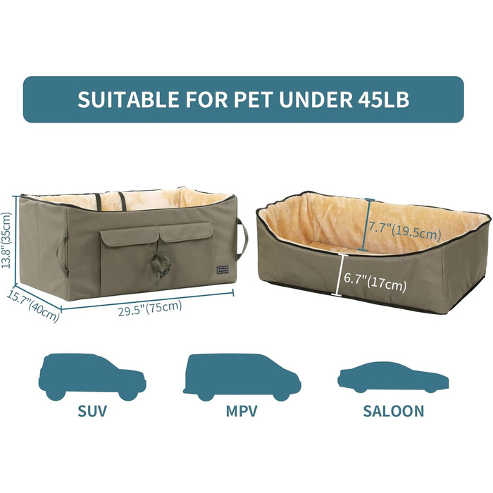 Автокрісло для собак Petsfit: зручне автокрісло для середніх та 2 маленьких собак, з миючим матеріалом, ременями безпеки та кишенькою для зберігання (L, Коричневий)