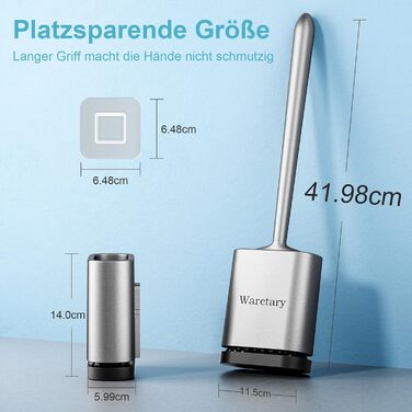 Щітка для унітазу з силікону Waretary з тримачем, нержавіюча сталь, гнучкий наконечник, швидке висихання, для ванної кімнати (срібляста)