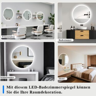 Дзеркало для ванної кімнати з підсвічуванням LED, антизапотівання, сенсорне управління, регулювання яскравості, 3 кольори світла, функція пам'яті, захист від вибуху, кругле дзеркало 50 см (діаметр), 60x60 см (розміри)