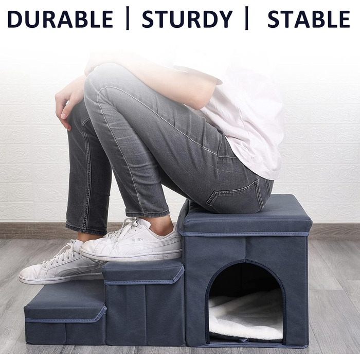 3-Step Dog Stairs, Foldable Pet Stairs for Sofa & Bed, Removable Pet Stairs Folding with Storage Box, Multifunctional Pet Ladder for Small Dogs Cats (Gray)