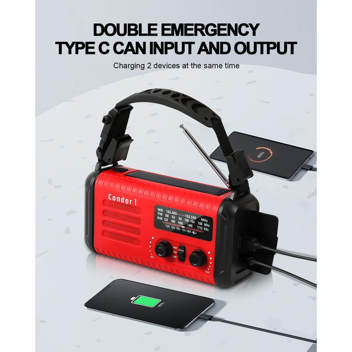 Радіо Kurbelradio на сонячній енергії 20000mAh з AM/FM, SOS-сигналом, LED-ліхтариком та USB-зарядкою, червоне