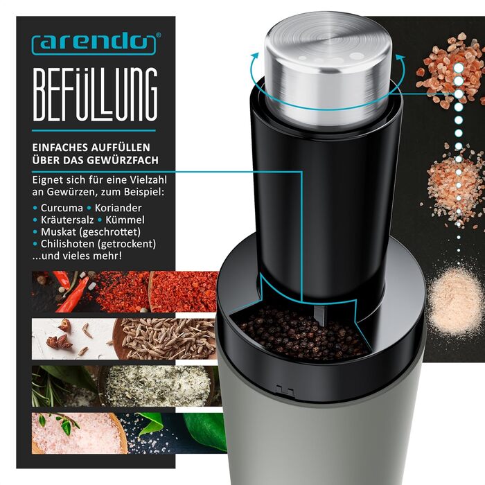 Arendo - Electric Salt and Pepper Grinder Set - 2 Piece - One-Handed Operation - Grinds Automatically When Tipped - Salt and Pepper Dispenser - Spice Grinder with Ceramic Grinding Mechanism - Grind Settings Infinitely Adjustable