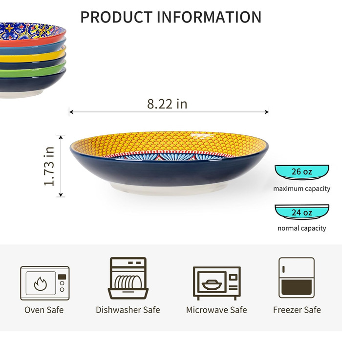 HENXFEN Набір супових тарілок з порцеляни, 700мл, 6 шт. Яскраві тарілки для супу, пасти, салату, фруктів - Богемний стиль