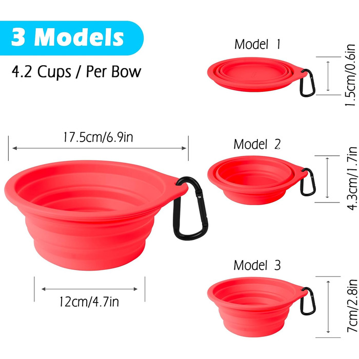 Складані годівниці для собак PetBonus, 2 шт. Силіконові миски для води та їжі для собак, набір для подорожей, виносні миски з карабіном (1000 мл, чорний, червоний)