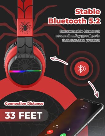 iClever Бездротові навушники для дітей з LED-підсвіткою, Over-Ear, Bluetooth 5.2, мікрофон, BTH12 (Чорний/Червоний)