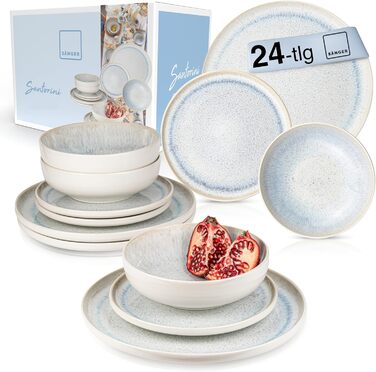 SÄNGER | Santorini Tableware Set, 24-Piece, Dinnerware Set for 8 People, Stoneware Dinner Set, Tableware Service including Dinner Plates, Dessert Plates & Deep Plates, Cream-Colored Dishware with Lavender Blue Gradient, Santorini Tableware Set 24-Piece.