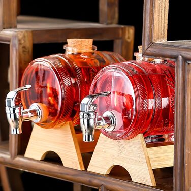 OUGPIU Whisky Decanter, 1000ml Barrel with Tap and Wooden Base, Barrel-Shaped Glass Drink Dispenser with Stopper Corks, Transparent Alcohol Dispenser Set Gifts for Friend, Husband, Father