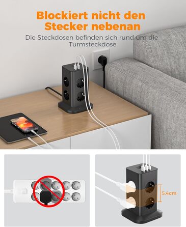 Блок розеток TESSAN із захистом від перенапруги 3600W 16A, 8 розеток + USB-C, подовжувач 2м, сірий, 1 USB-C (сірий&білий)