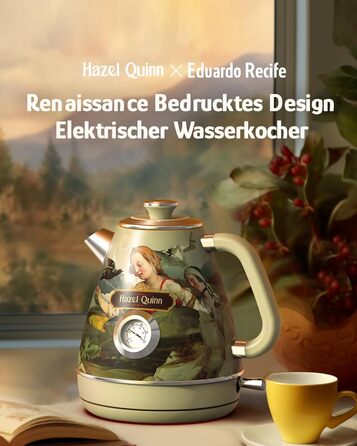 Hazel Quinn Kettle Retro Vintage Design Stainless Steel, 1.7 Liter, BPA-free, Stainless Steel, Automatic Shut-off, Water Kettle Temperature Display, Strix Controller, Dry Boil Protection, Renaissance