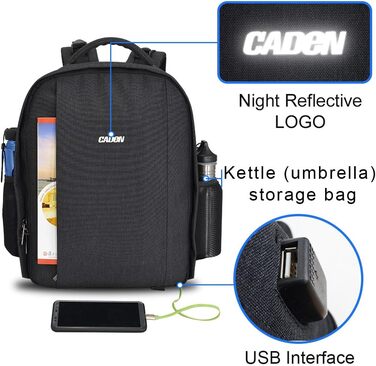 Рюкзак для фотокамери CADeN: водонепроникний, для Canon, Nikon, Sony, 2 DSLR, 7 об'єктивів, штатив, чорний