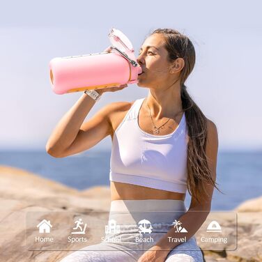 BLUEGO 2000ml Glass Water Bottle with Stainless Steel Handle and Time Marker 2L Motivation Glass Dryer with Silicone Sleeve and Straw for Gym, Office, Outdoors, Sports Water Bottles BPA-free, (Pink)
