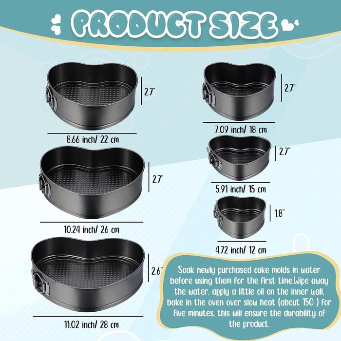 Набір форм для випічки серцеподібних тістечок Zhehao (6 шт.) - антипригарне покриття, різні розміри, для дня народження та сім'ї