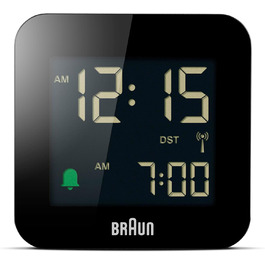 Braun Digital Travel Alarm Clock, Central European Time (CET) zone with snooze function, compact size, negative LC display, crescendo alarm in black, model BC08B-DCF.