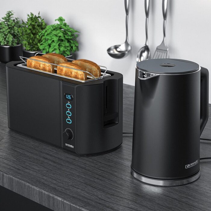Набір чайник та тостер Arendo Edelstahl Schwarz, 1.5л, 40-100°C, підігрів, 4 тости, LED, 6 рівнів підсмажування, для бургерів