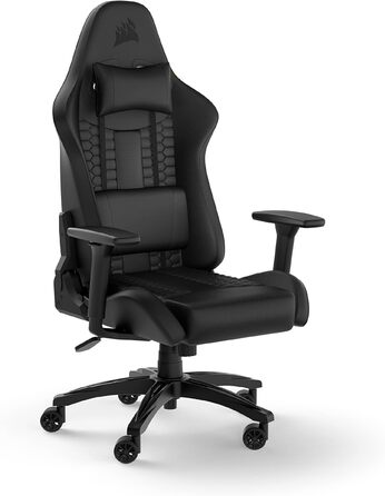 Ігрове крісло Corsair TC100 Relaxed з екошкіри, чорне, ергономічне, регульовані підлокітники, подушка для попереку та знімна подушка з піни пам’яті, стиль автоспорту