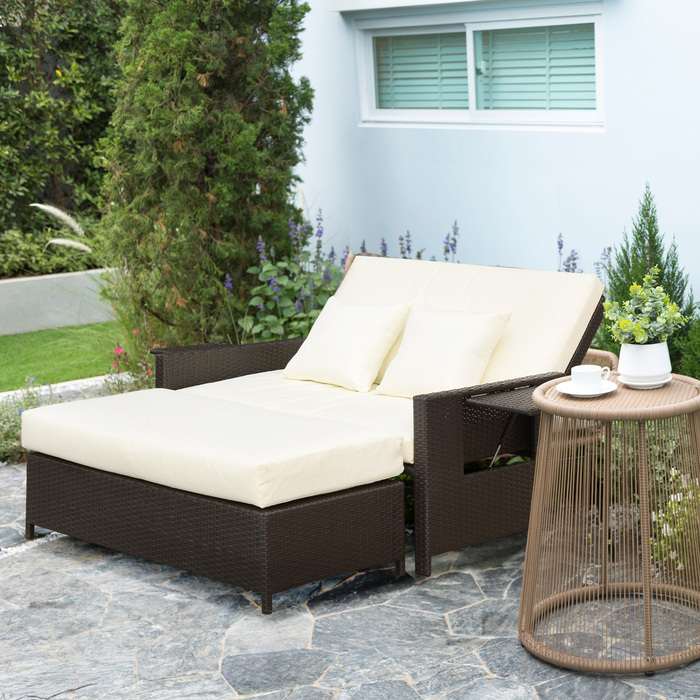 Крісло-софа Outsunny з ротангу Polyrattan, 2-місні, з подушками та пуфом, коричневого кольору, ідеально підходить для саду та тераси