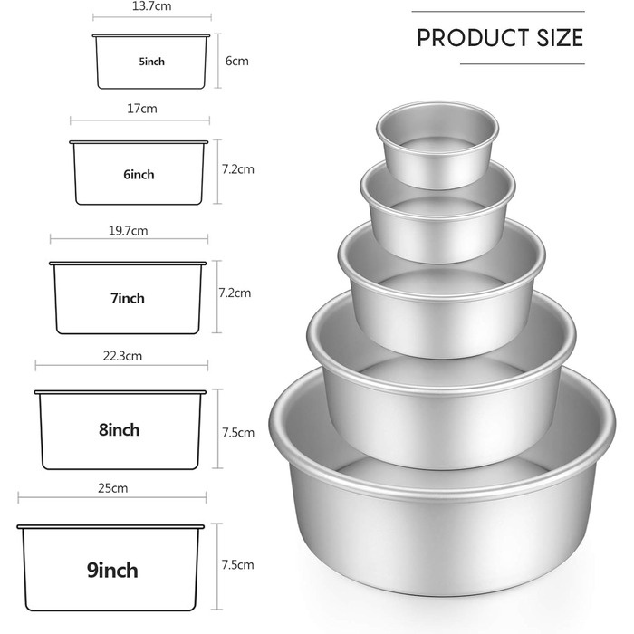 Gesentur Cake Pan Set - Round Baking Pans Made of Anodized Aluminum with Non-Stick Coating, Removable Bottom, 5 Sizes (5